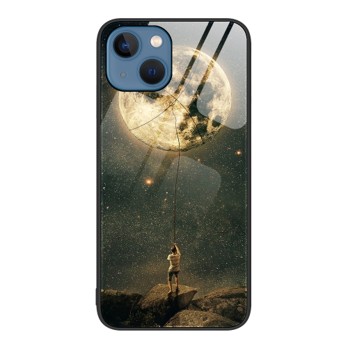 

For iPhone 15 Plus Colorful Painted Glass Phone Case(Moon)