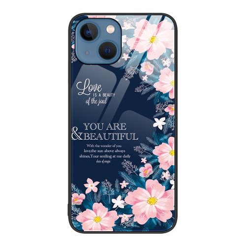 

For iPhone 15 Plus Colorful Painted Glass Phone Case(Flower)