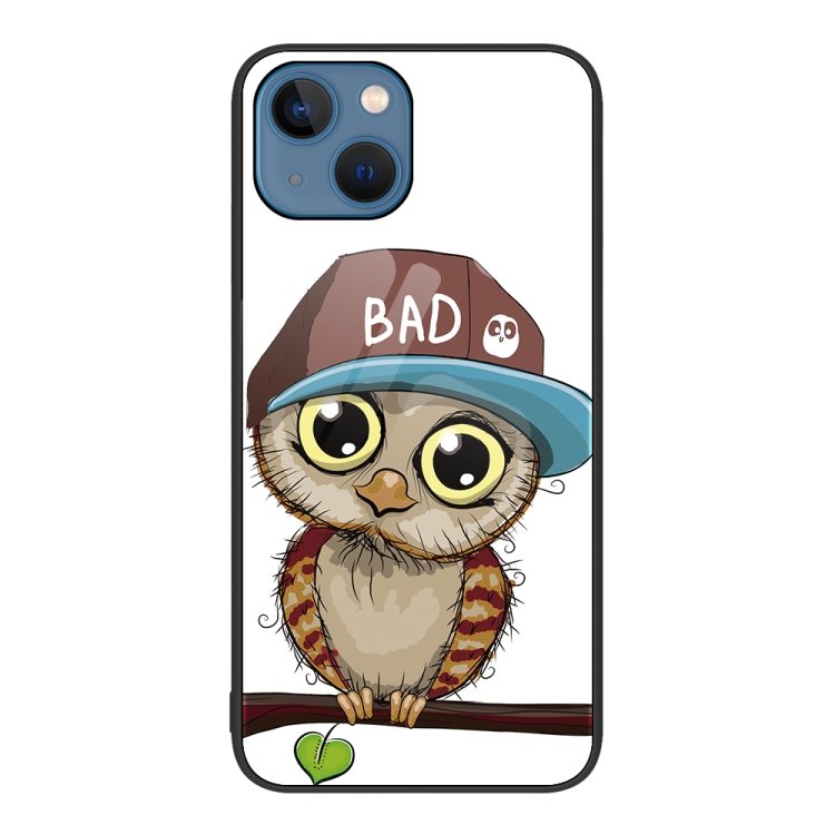 

For iPhone 15 Colorful Painted Glass Phone Case(Owl)