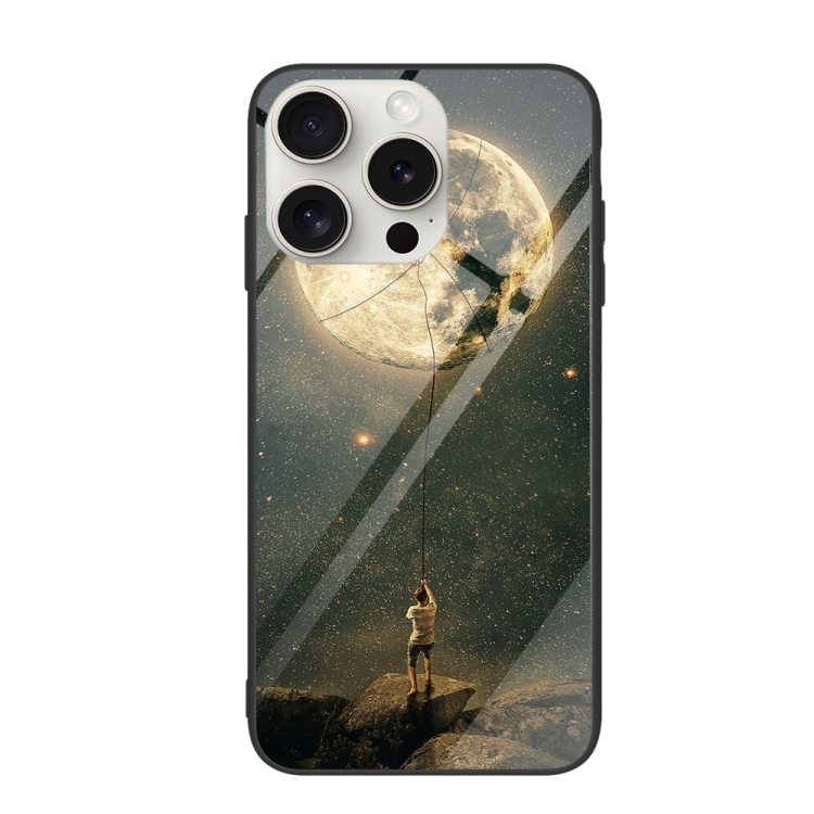 

For iPhone 16 Pro Colorful Painted Glass Phone Case(Moon)