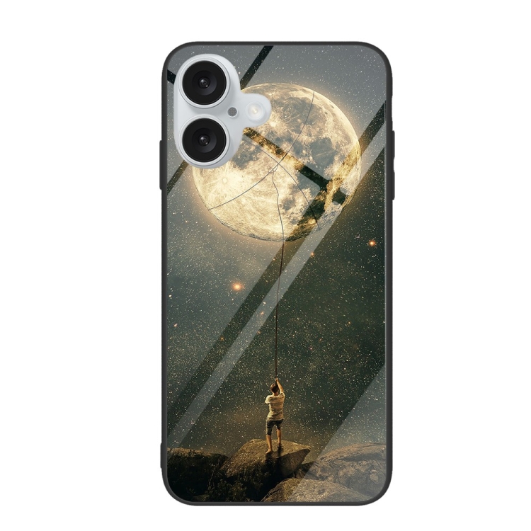 

For iPhone 16 Plus Colorful Painted Glass Phone Case(Moon)