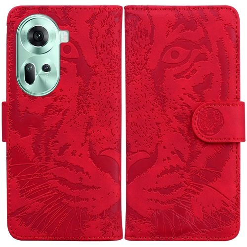 

For OPPO Reno11 Global Tiger Embossing Pattern Flip Leather Phone Case(Red)