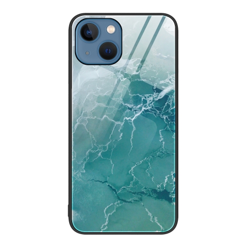 

For iPhone 15 Plus Marble Pattern Glass Protective Phone Case(Green Ocean)