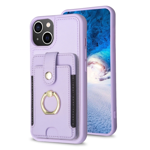 For iPhone 14 Plus BF27 Metal Ring Card Bag Holder Phone Case(Purple)