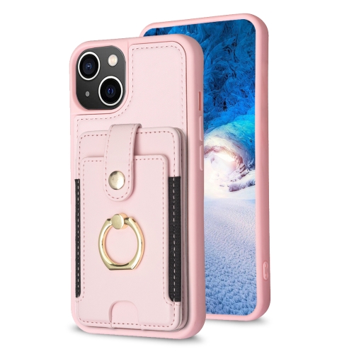 

For iPhone 14 / 13 BF27 Metal Ring Card Bag Holder Phone Case(Pink)