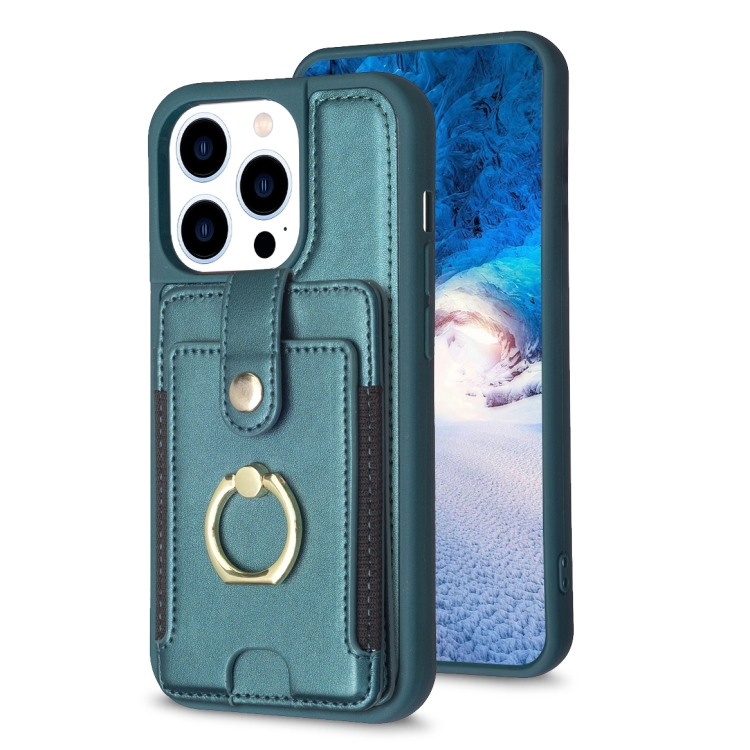 

For iPhone 14 Pro Max BF27 Metal Ring Card Bag Holder Phone Case(Green)