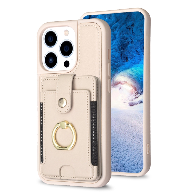 

For iPhone 14 Pro Max BF27 Metal Ring Card Bag Holder Phone Case(Beige)
