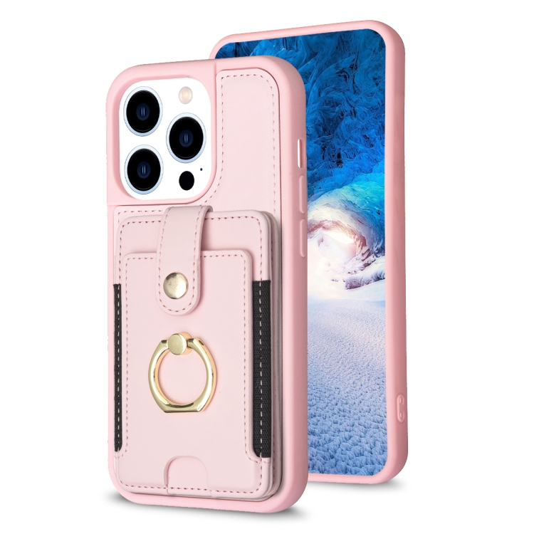 

For iPhone 14 Pro Max BF27 Metal Ring Card Bag Holder Phone Case(Pink)