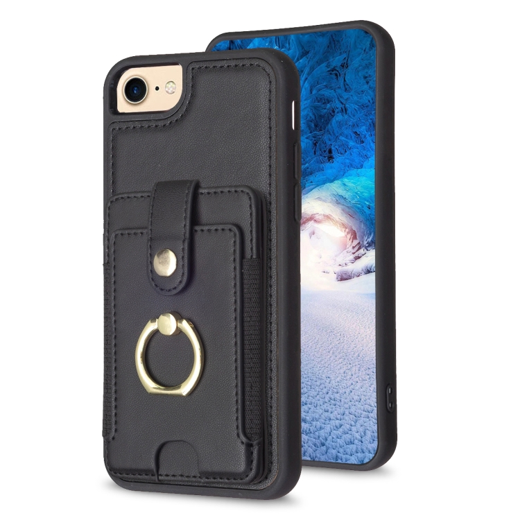 

For iPhone SE 2022 / 2020 / 8 / 7 BF27 Metal Ring Card Bag Holder Phone Case(Black)