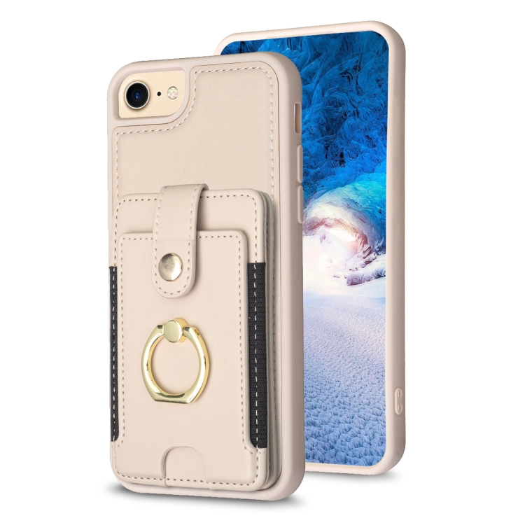 

For iPhone SE 2022 / 2020 / 8 / 7 BF27 Metal Ring Card Bag Holder Phone Case(Beige)