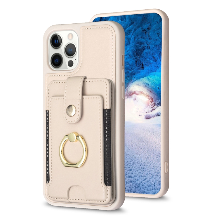 

For iPhone 12 Pro Max BF27 Metal Ring Card Bag Holder Phone Case(Beige)