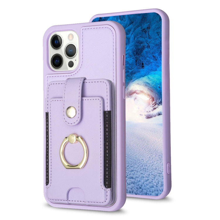 

For iPhone 12 Pro Max BF27 Metal Ring Card Bag Holder Phone Case(Purple)