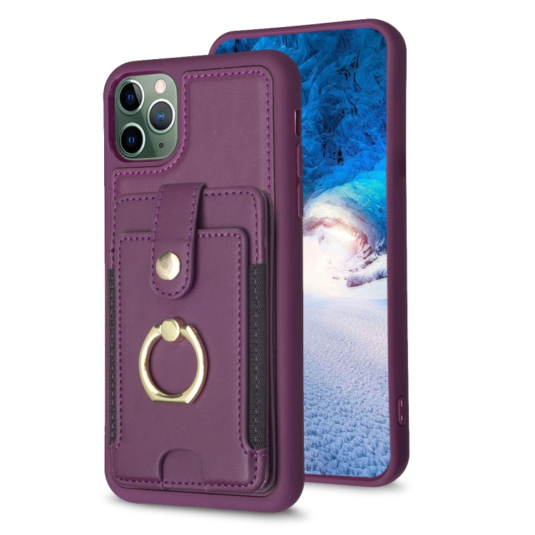 

For iPhone 11 Pro Max BF27 Metal Ring Card Bag Holder Phone Case(Dark Purple)