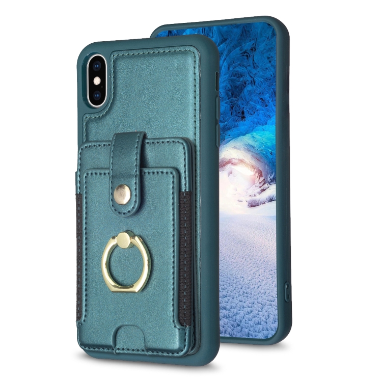 

For iPhone X / XS BF27 Metal Ring Card Bag Holder Phone Case(Green)