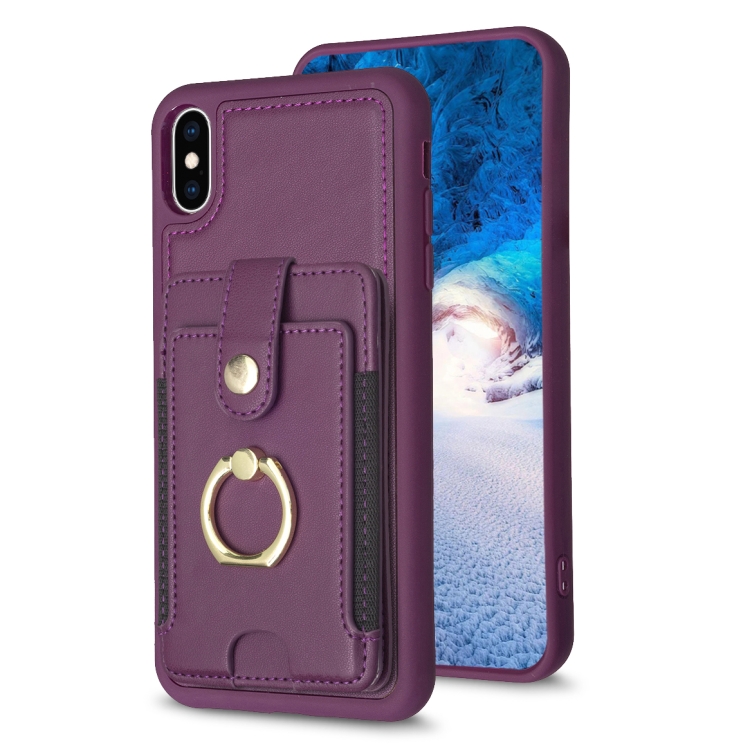 

For iPhone X / XS BF27 Metal Ring Card Bag Holder Phone Case(Dark Purple)