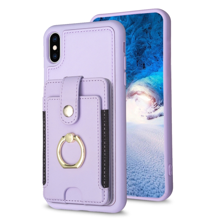 

For iPhone X / XS BF27 Metal Ring Card Bag Holder Phone Case(Purple)
