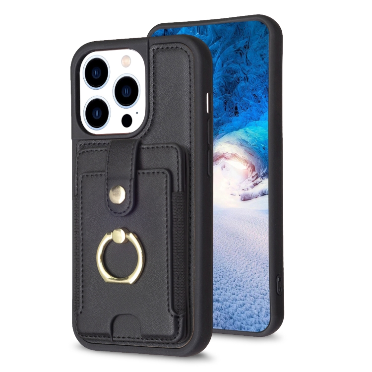 

For iPhone 15 Pro BF27 Metal Ring Card Bag Holder Phone Case(Black)