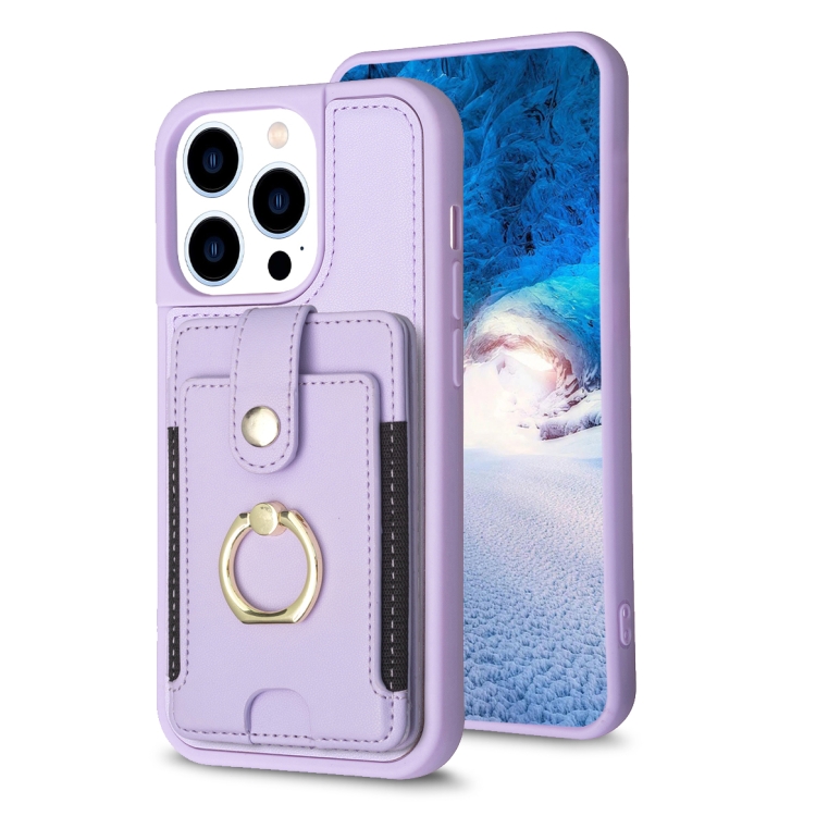 

For iPhone 15 Pro BF27 Metal Ring Card Bag Holder Phone Case(Purple)