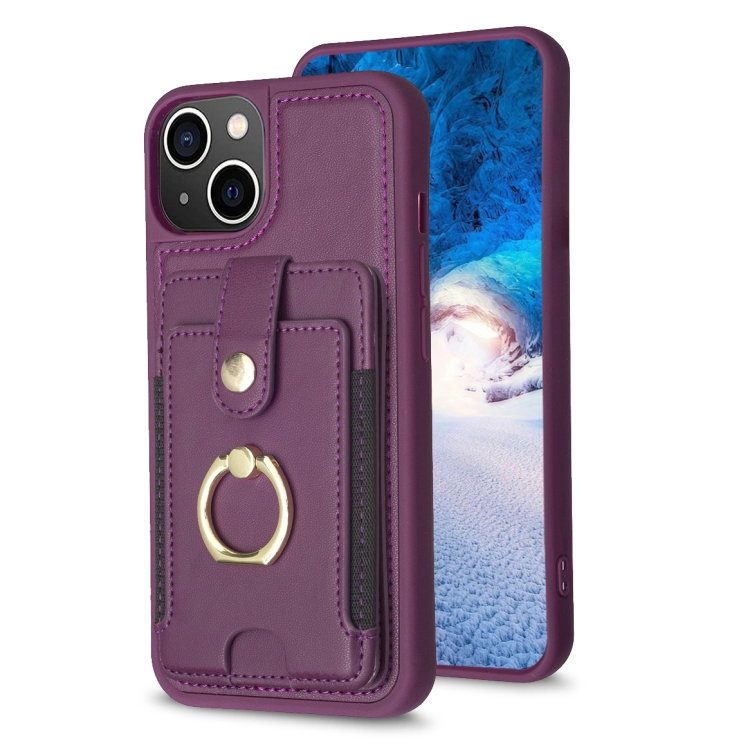 

For iPhone 15 BF27 Metal Ring Card Bag Holder Phone Case(Dark Purple)