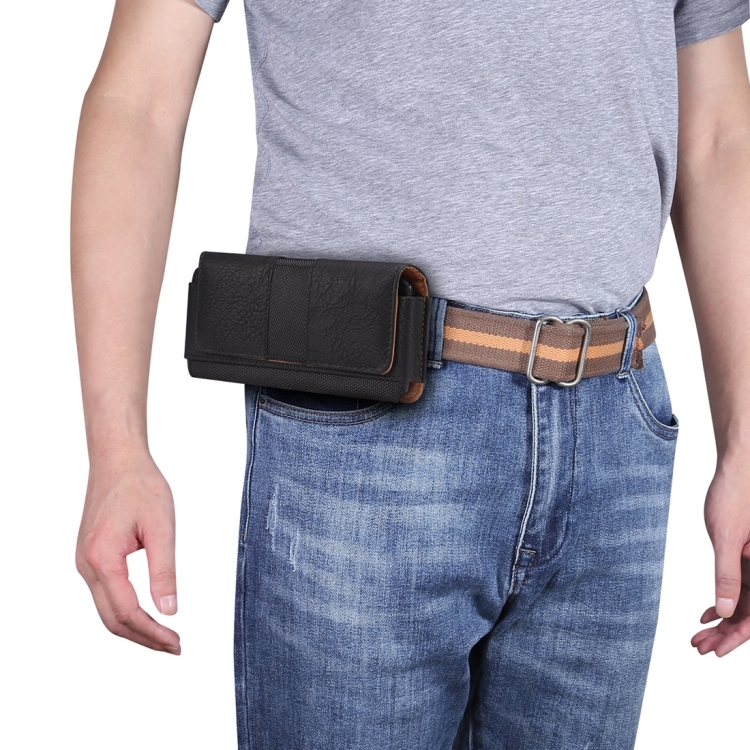 

For 6.2-6.5 inch Mobile Phone Cowhide Texture Oxford Cloth Stitching Horizontal Waist Bag(Black)