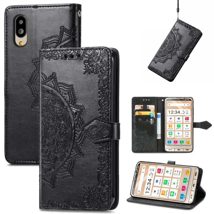 

For Sharp Simple Sumaho 6 Mandala Flower Embossed Leather Phone Case(Black)