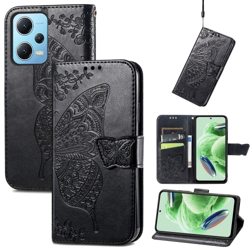 

For Xiaomi Redmi Note 12 5G Global Butterfly Love Flower Embossed Flip Leather Phone Case(Black)