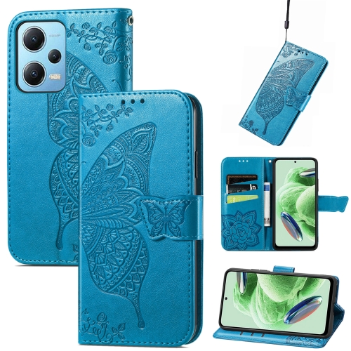 

For Xiaomi Redmi Note 12 5G Global Butterfly Love Flower Embossed Flip Leather Phone Case(Blue)