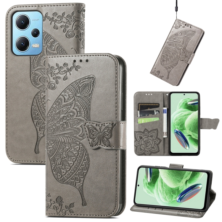 

For Xiaomi Redmi Note 12 5G Global Butterfly Love Flower Embossed Flip Leather Phone Case(Grey)