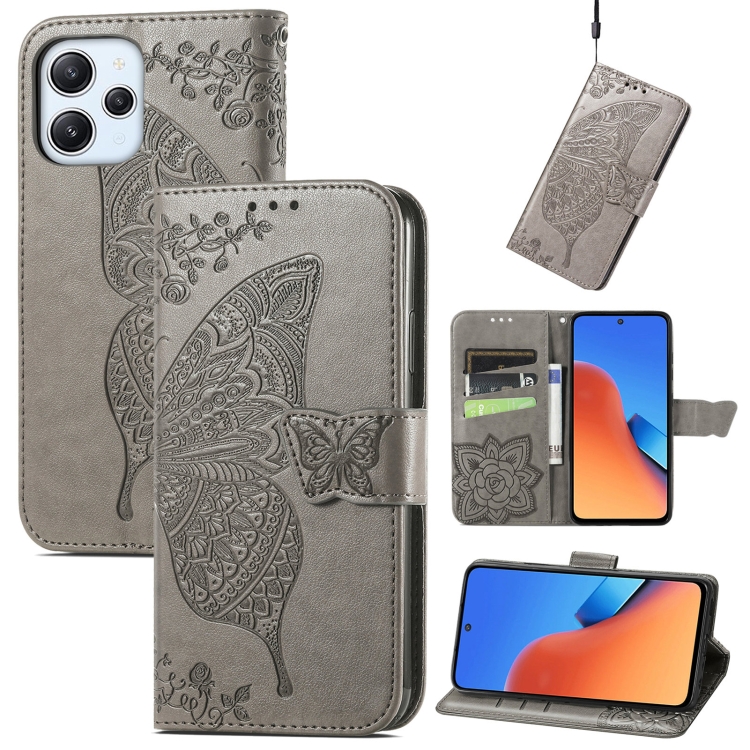 

For Xiaomi Redmi 12 Butterfly Love Flower Embossed Flip Leather Phone Case(Grey)