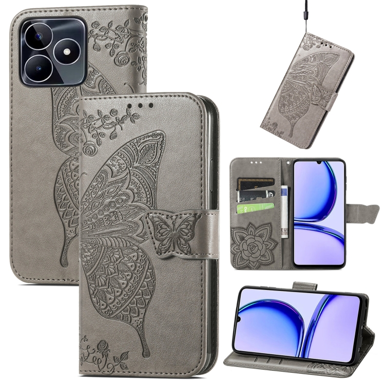 

For Realme C53 Butterfly Love Flower Embossed Leather Phone Case(Grey)