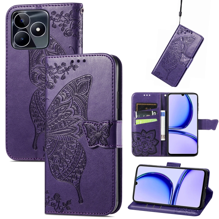 

For Realme C53 Butterfly Love Flower Embossed Leather Phone Case(Dark Purple)