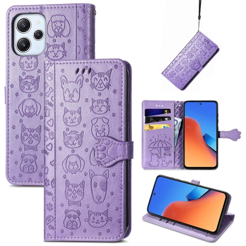 

For Xiaomi Redmi 12 Cat and Dog Embossed Leather Phone Case(Purple)