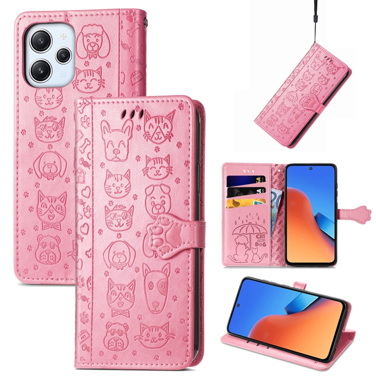 

For Xiaomi Redmi 12 Cat and Dog Embossed Leather Phone Case(Pink)