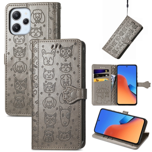 

For Xiaomi Redmi 12 Cat and Dog Embossed Leather Phone Case(Grey)