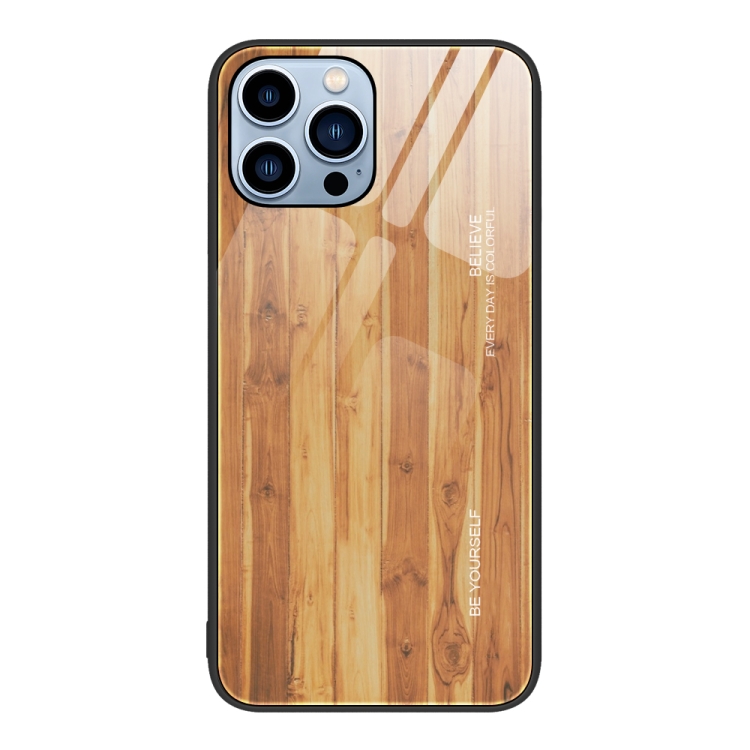 

For iPhone 15 Pro Max Wood Grain Glass Phone Case(Yellow)