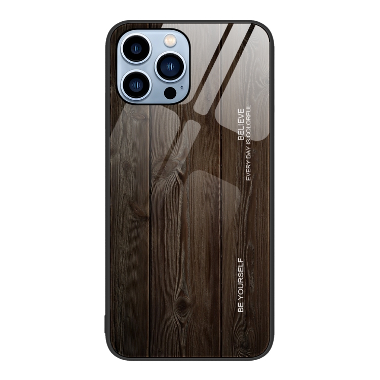 

For iPhone 15 Pro Wood Grain Glass Phone Case(Black)