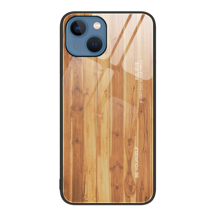

For iPhone 15 Plus Wood Grain Glass Phone Case(Yellow)
