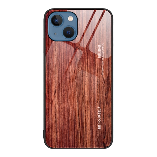 

For iPhone 15 Plus Wood Grain Glass Phone Case(Coffee)
