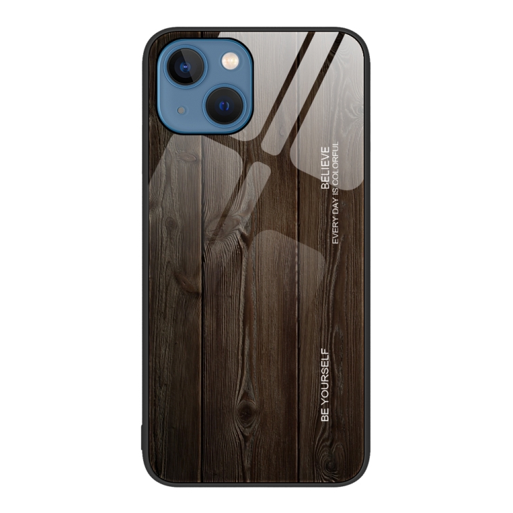 

For iPhone 15 Wood Grain Glass Phone Case(Black)