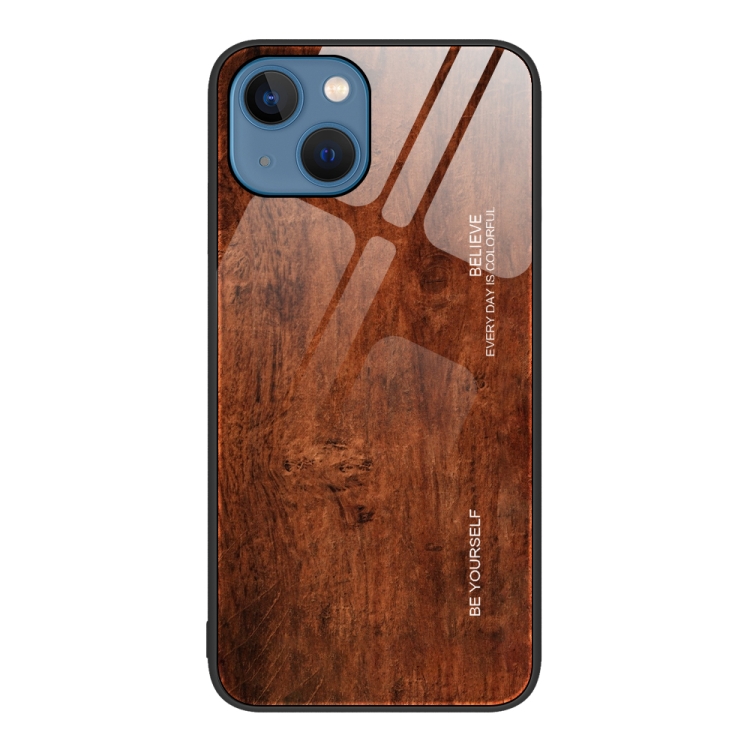 

For iPhone 15 Wood Grain Glass Phone Case(Dark Brown)
