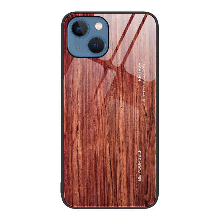 

For iPhone 15 Wood Grain Glass Phone Case(Coffee)