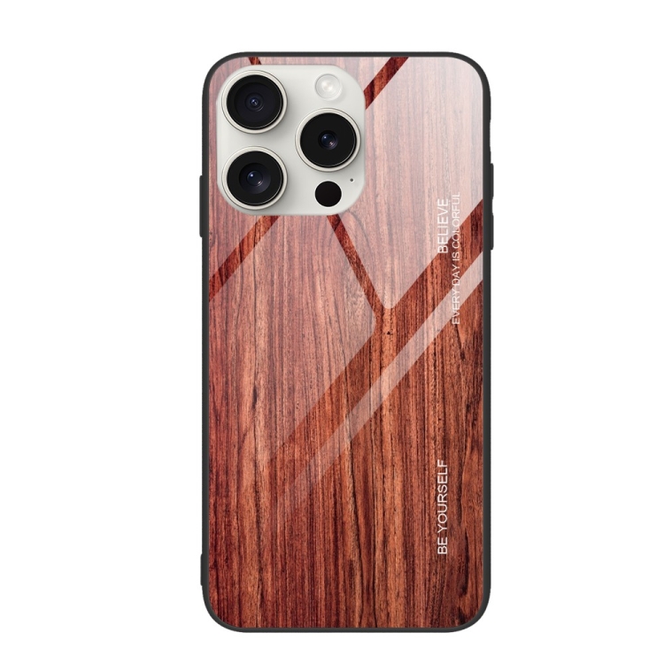 

For iPhone 16 Pro Wood Grain Glass Phone Case(Coffee)