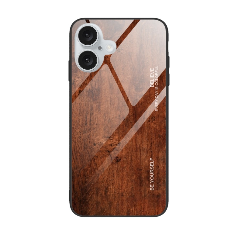 

For iPhone 16 Wood Grain Glass Phone Case(Dark Brown)