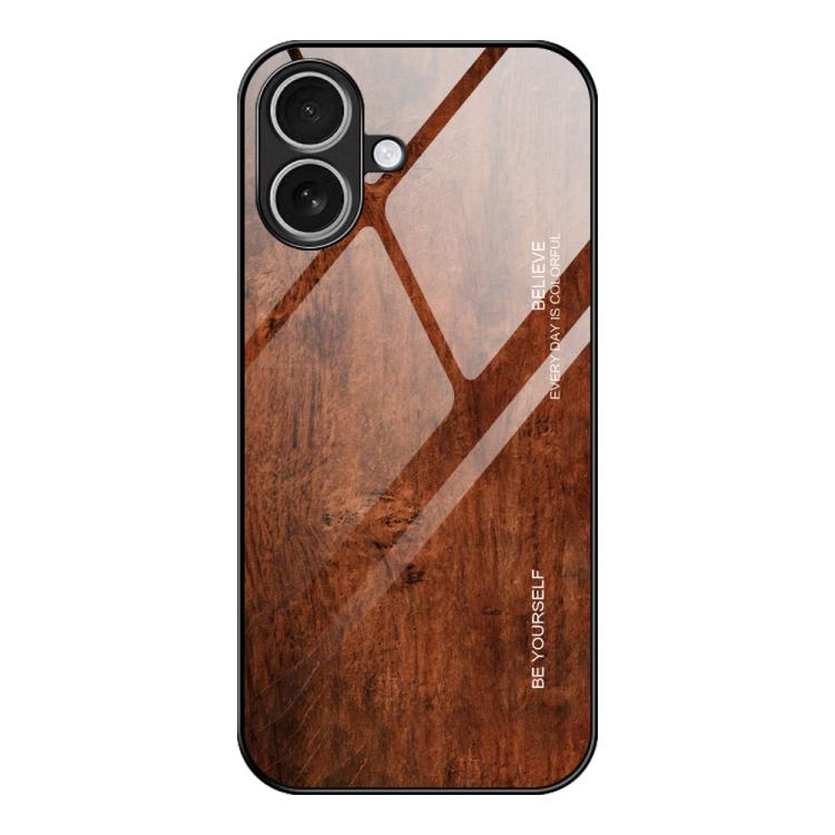 

For iPhone 17 Wood Grain Glass Phone Case(Dark Brown)