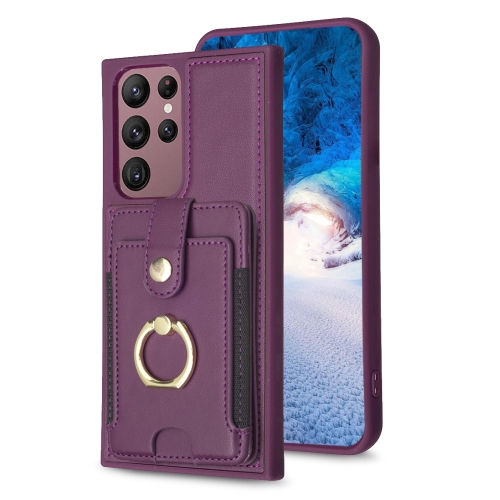 

For Samsung Galaxy S22 Ultra 5G BF27 Metal Ring Card Bag Holder Phone Case(Dark Purple)