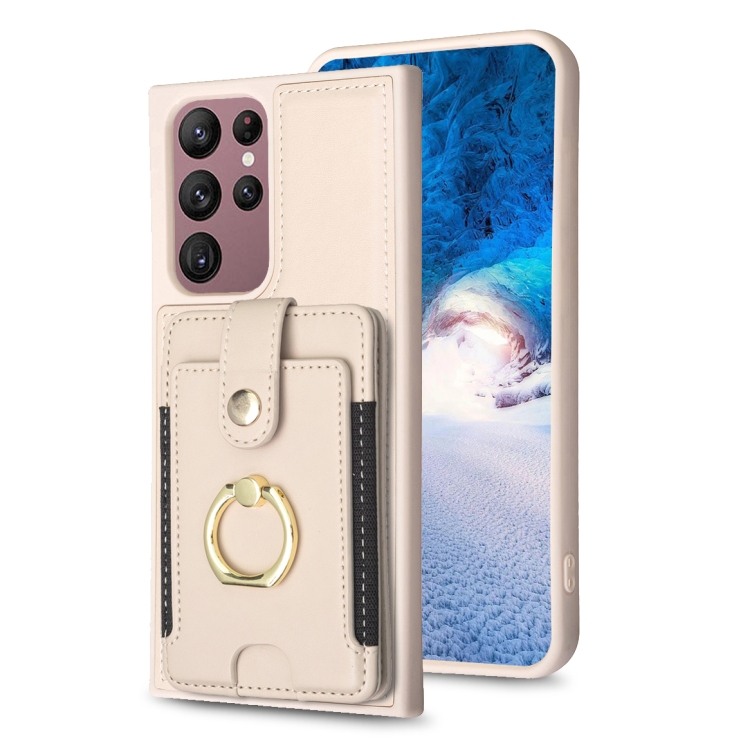 

For Samsung Galaxy S22 Ultra 5G BF27 Metal Ring Card Bag Holder Phone Case(Beige)