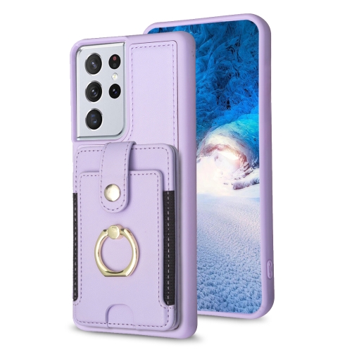 

For Samsung Galaxy S21 Ultra 5G BF27 Metal Ring Card Bag Holder Phone Case(Purple)