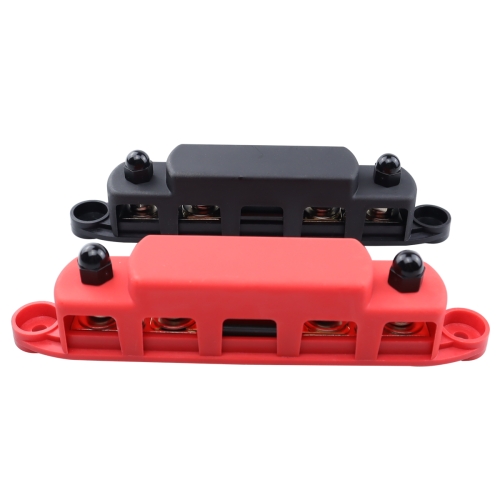 

CP-4125 1 Pair RV Yacht M8 Single Row 4-way Power Distribution Block Busbar with Cover with 300A Fuse(Black + Red)