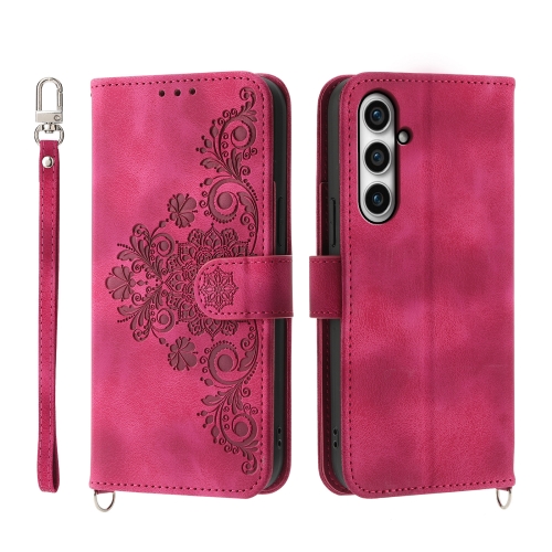 

For Samsung Galaxy S23 FE 5G Skin-feel Flowers Embossed Wallet Leather Phone Case(Wine Red)