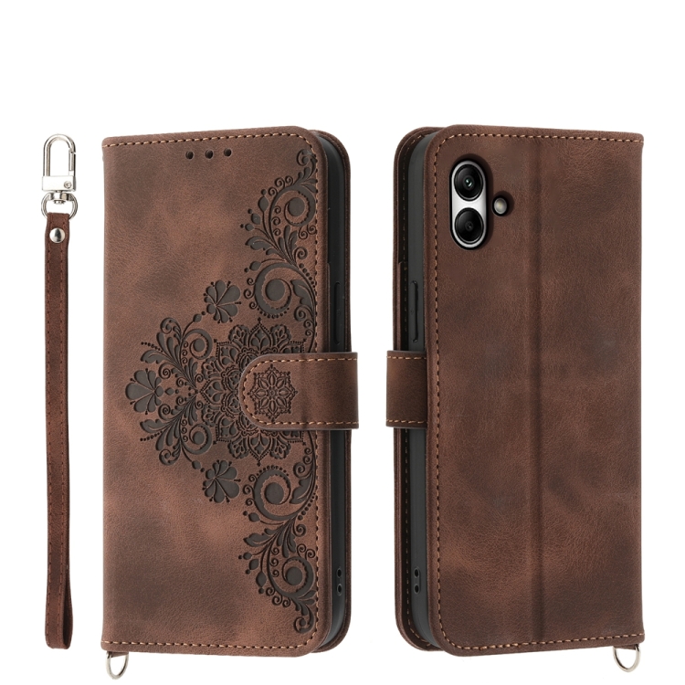 

For Samsung Galaxy A05 Skin-feel Flowers Embossed Wallet Leather Phone Case(Brown)